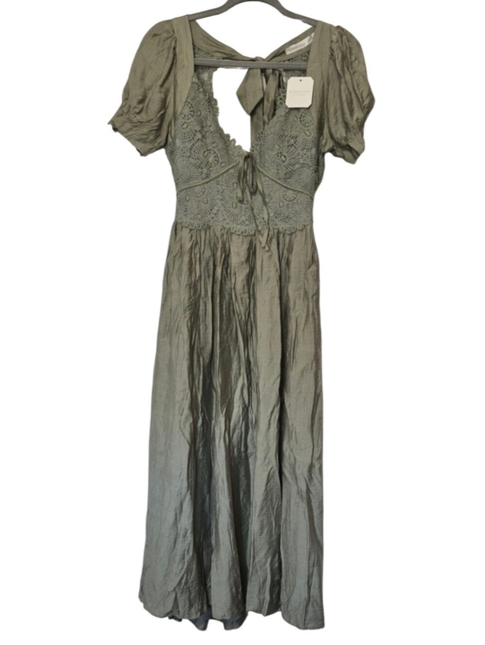 Altar'd State Sage Green Crochet Lace Puff Sleeve Maxi Dress M NWT